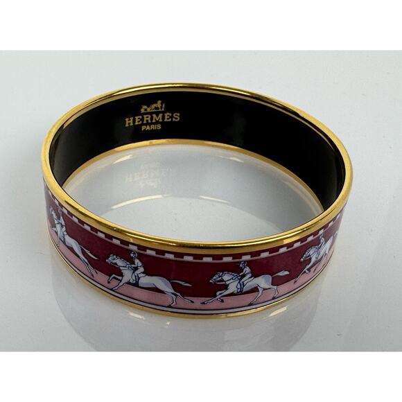 Hermès Wide Enamel Bangle Bracelet – Burgundy & Pink (Horse Motif) - Picture 1 of 10